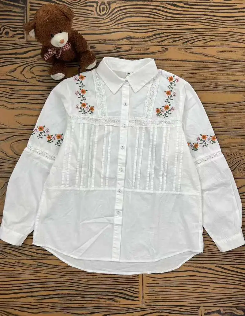 Autumn New Japanese Sweet Mori Girl Floral Embroidery Lace Patchwork Shirts Women Long Sleeve Chic Elegant White Blouse Tops