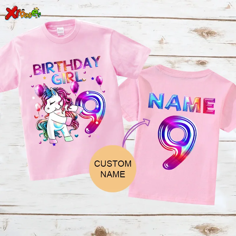 Unicorn Birthday Girl T Shirt 10 Years Party Shirt for Kids Custom Name Shirt Girl Clothes1st 2nd 5 8 9 Years Baby Clothing Cute