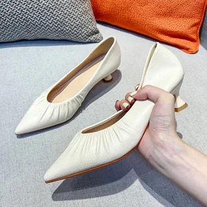 Spring Autumn Women Shoes PU 4.5CM Thin High Heels Pointed Toe Slip-On British Style Street Style Fashion Pleated Womens Shoes