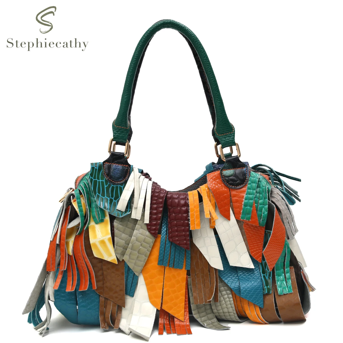 SC Stylish Random Color Genuine Leather Handbags Women Vintage Tassel Patchwork Top-handle Bags Cross body Casual Slouchy Daily