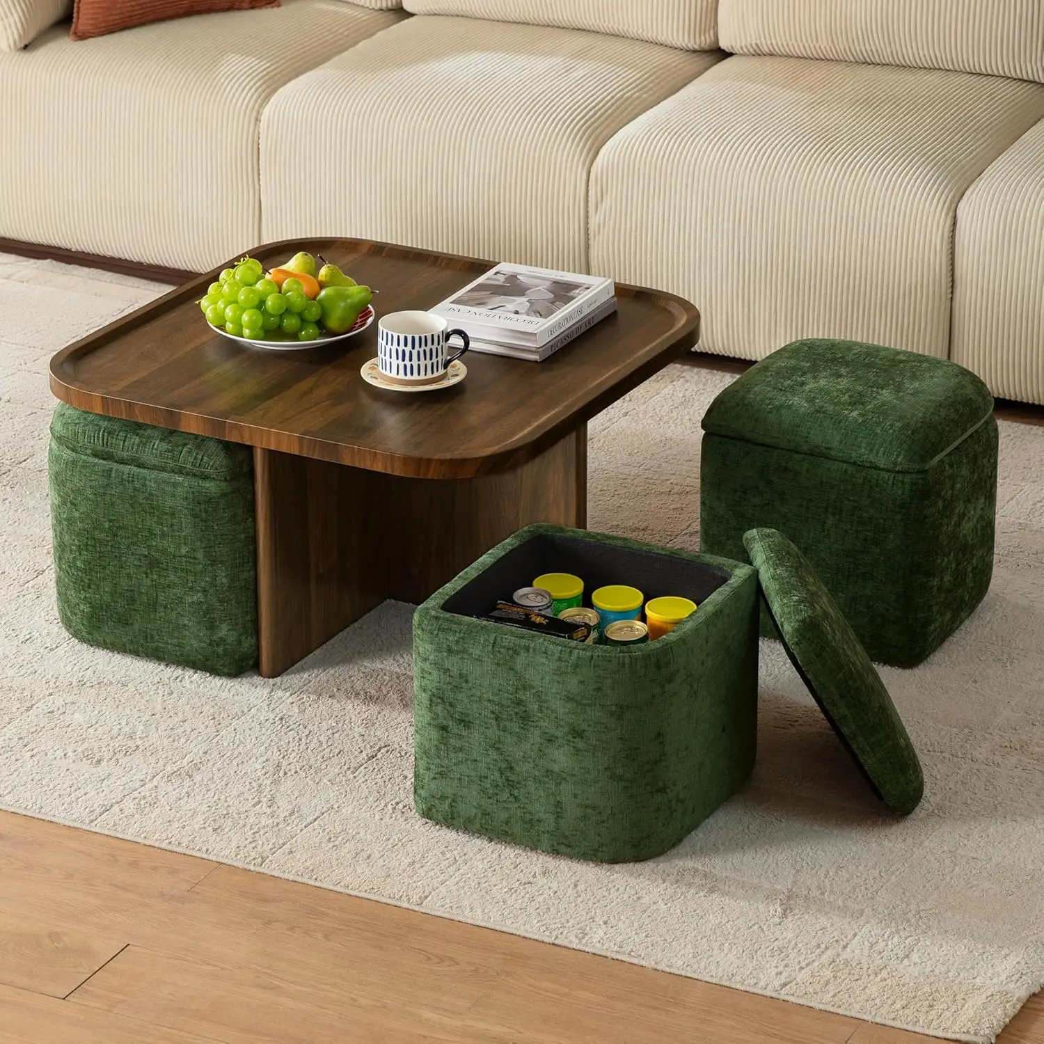 

Mid-Century Coffee Table Set with 4 Storage Ottomans Seats Underneath Living Room Small Space Walnut, Customized
