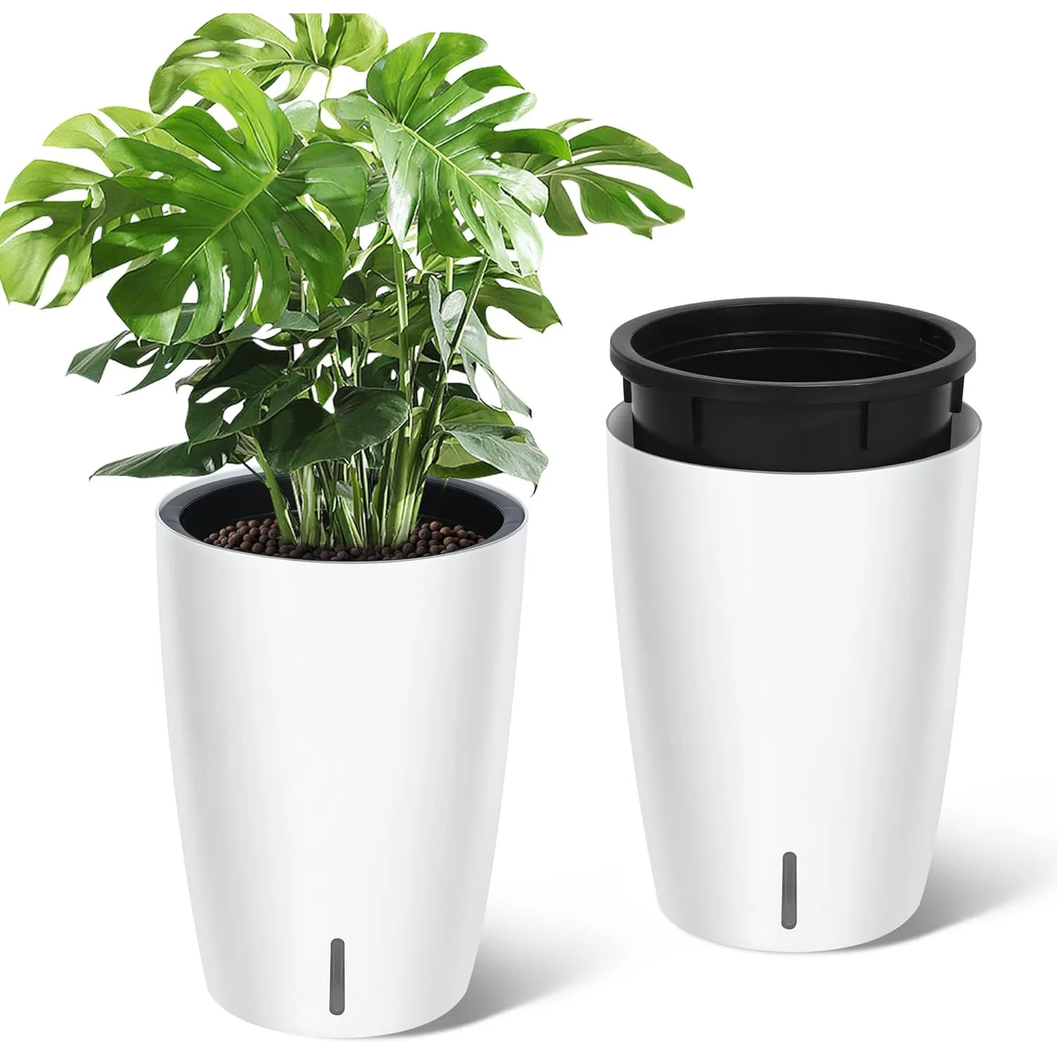 

1-Pair Black Self-Watering Planters – 21.7” Tall Flower Plant Pots, Water Level Gauge, Tall-Round Series – For Large Plants