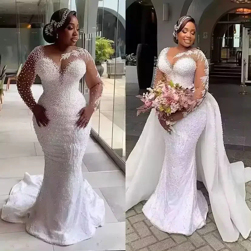 

Customized African Plus-size Wedding Bride Fish Tail Removable Wedding Dress Embroidery Pearl High Quality Wedding Dress