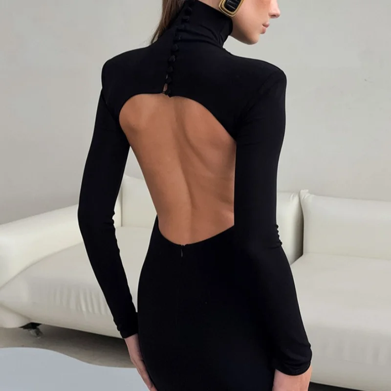 

2026 spring black sexy backless knitted bag buckle long-sleeved turtleneck dress women's S-shaped long dress