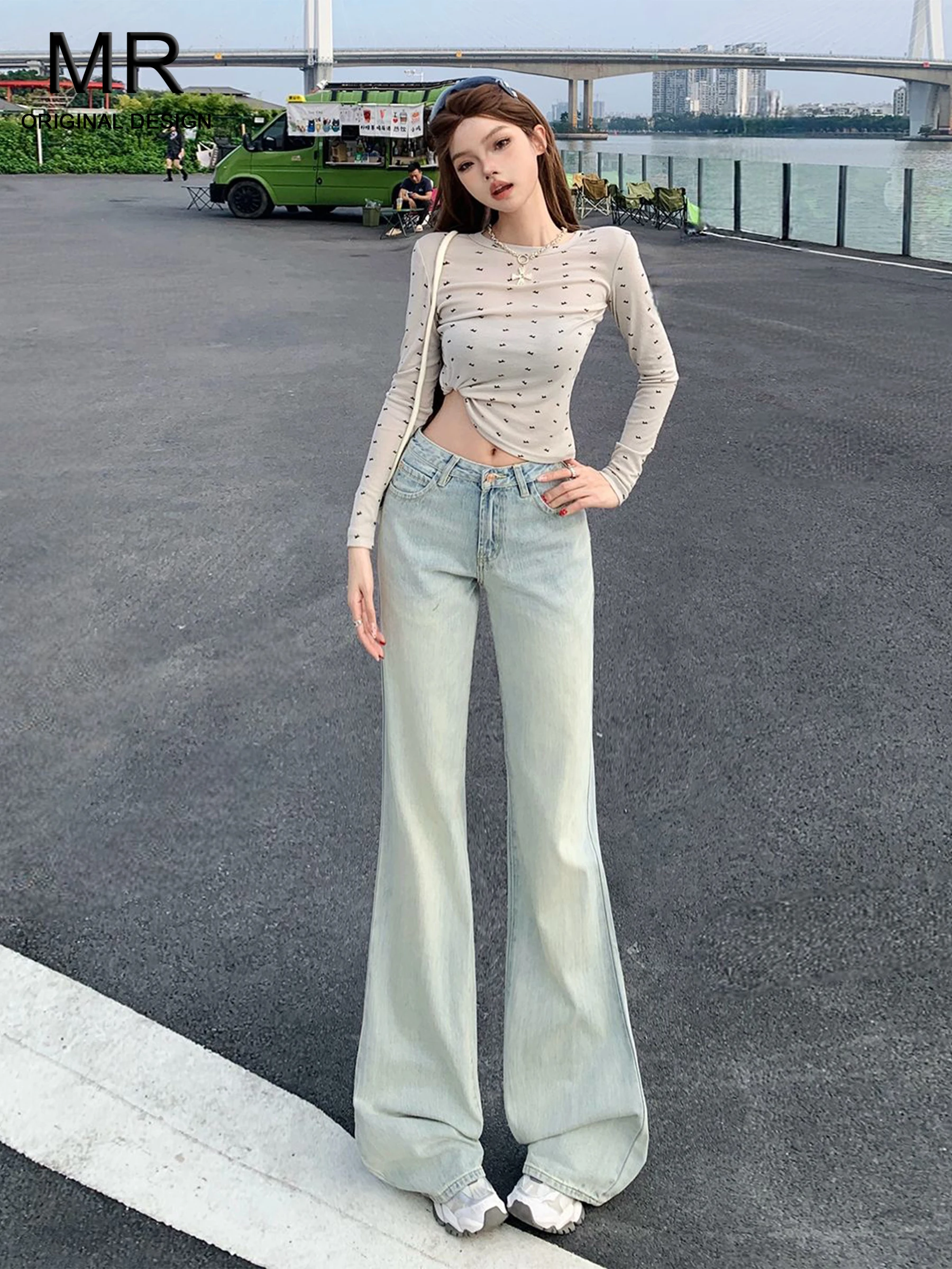 

Новые женские джинсы-клеш в американском ретро-стиле, с эффектом потертости, низкой посадкой, утягивающие, модель 2026 года, в стиле Spicy Style