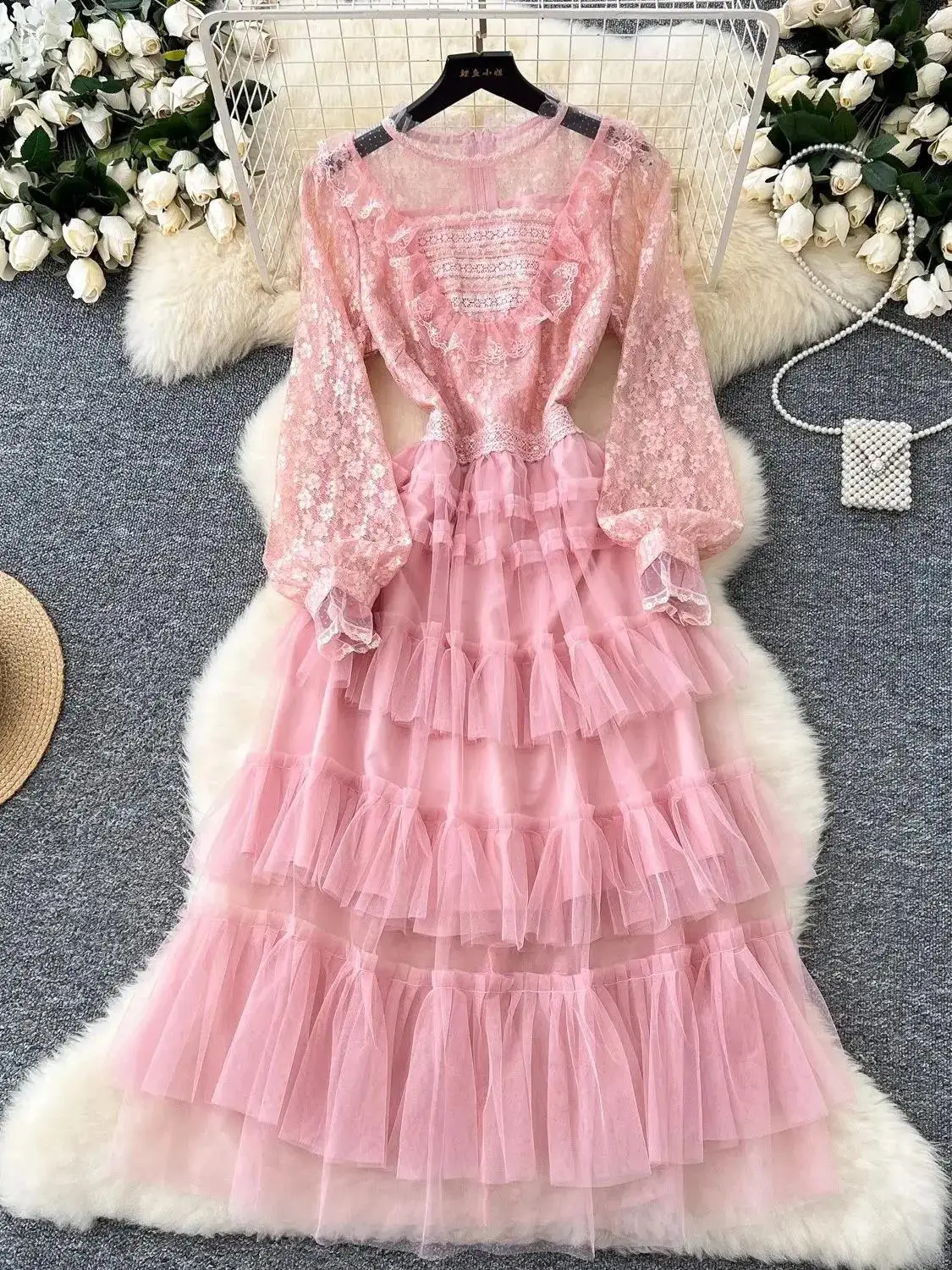 Sweet Cute Girls Pink Princess Dress Women Puff Sleeve Flower Lace Embroidery Splice Cascading Ruffles Mesh Cake Party Vestidos
