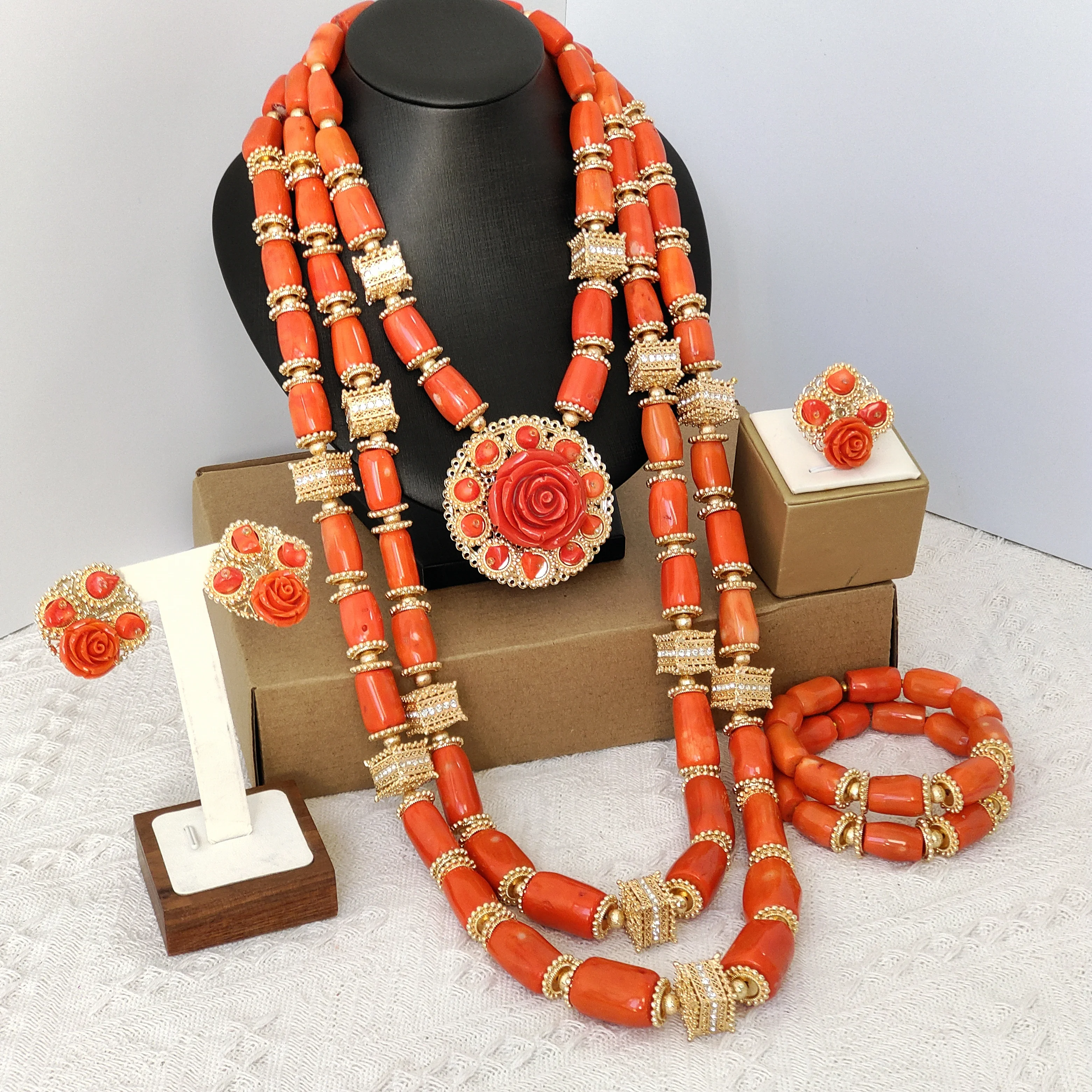 

original orange nigerian coral bead jewelry set african wedding necklace bracelet earrings ring