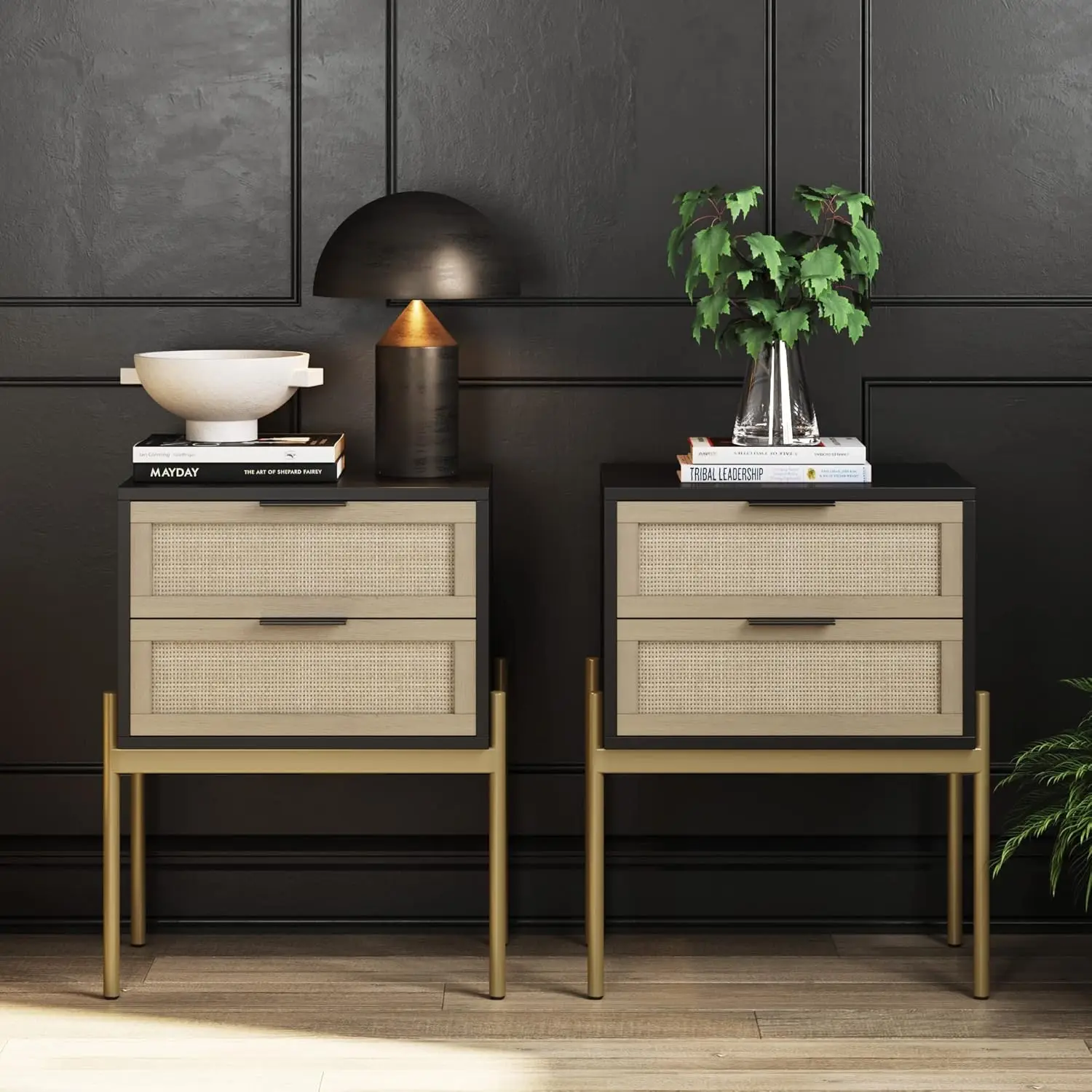 Andrew End, Bedside or Side Table in Matte Black Finish with Two Natural Rattan Drawers Doors Storage and Brass Gold Accents