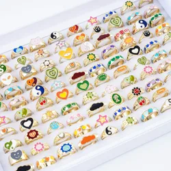 10Pcs/Lot Fashion Lovely Drip Oil Jewellery Ring For Women Men Simple Gold Silver Color Mixed Style Anniversary Party Gifts