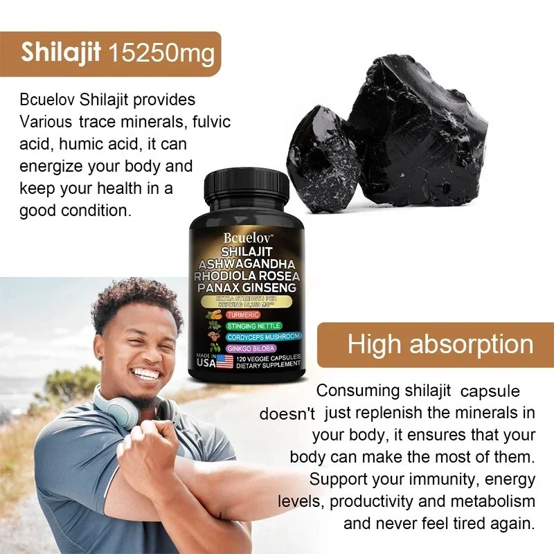 Shilajit Resin Himalaya Capsules - 15250 Mg - Combination of Ashwagandha, Ginseng, Cordyceps, Ginkgo, Turmeric