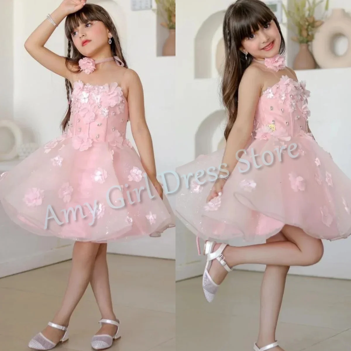 

Lovely Pink Flower Girl Dress For Wedding Floral Appliques Knee Length Tulle Crystal Little Princess Birthday Gown Customized