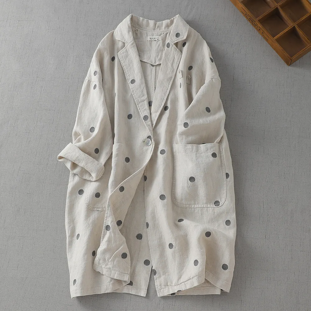 SuperAen Japan-style Dot Embroidery Cotton and Linen Coats for Women Notched Simple Casual Fashion Mid-length Coats