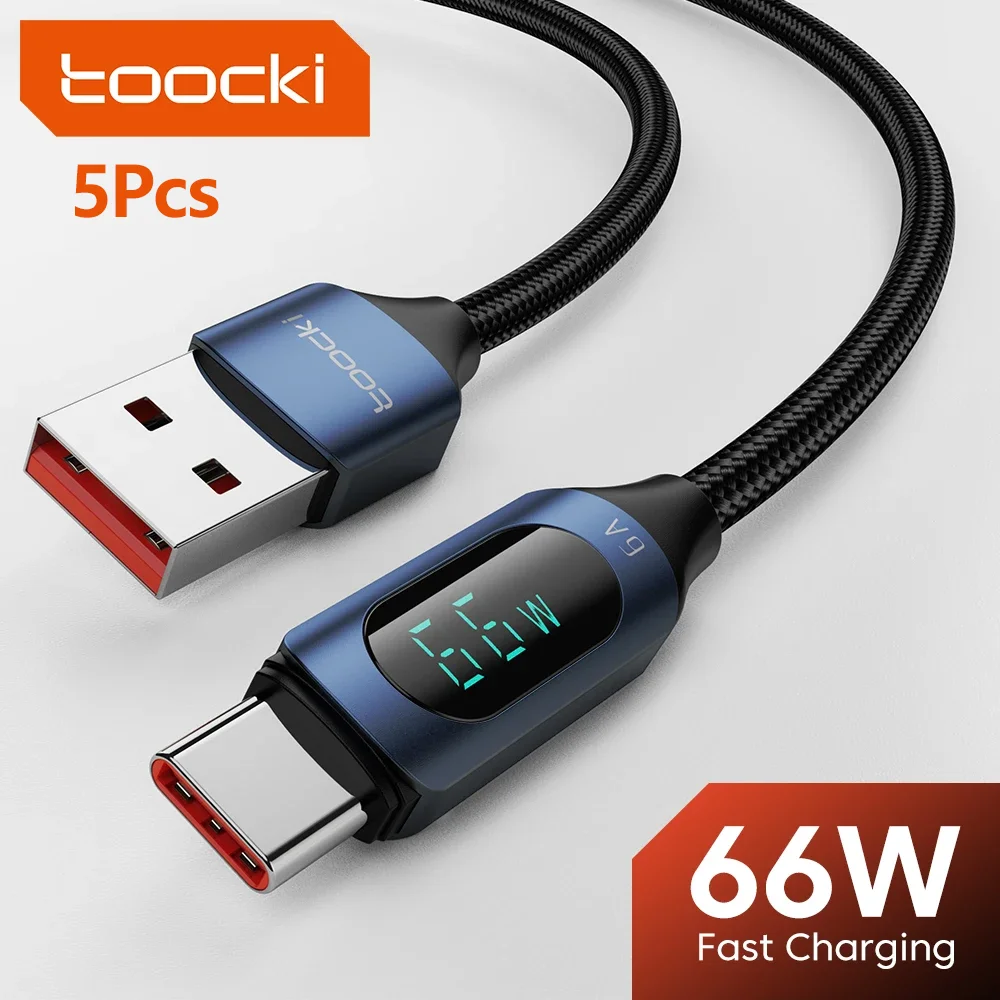 

Кабель Toocki USB Type-C (5 шт.) 6А для iPhone 17 16 15 Pro Max, быстрая зарядка 66 Вт, передача данных для Huawei Mate P50 P60 70 Pro