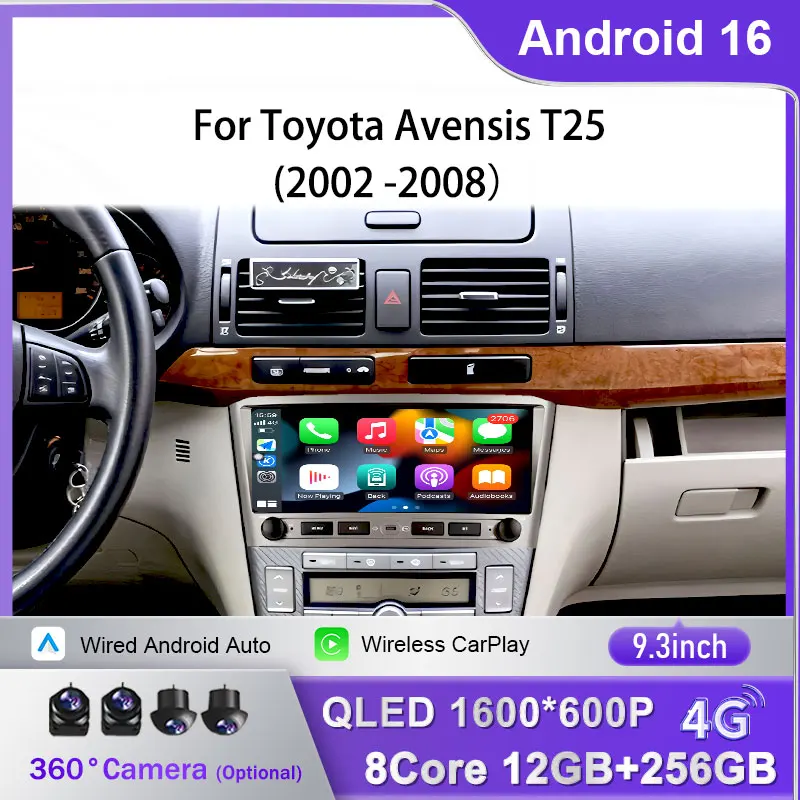 9.3 inch Car Multimedia Player CarPlay Android 16 For Toyota Avensis T25 2002-2008 IPS GPS Navigation Autoradio Stereo Car Radio view 2