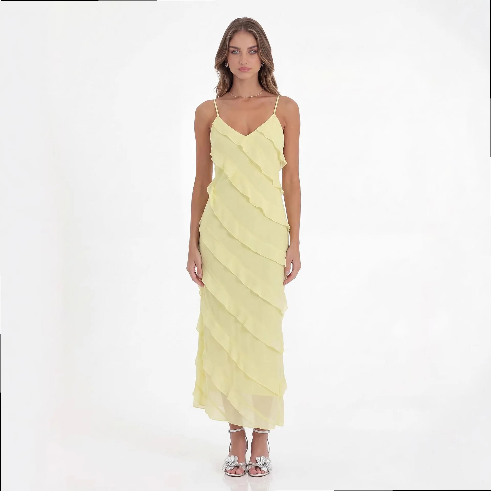 Oblique Layered Ruffle Dress V Neck Backless Long Dress Sling Summer Beach Vacation Dresses