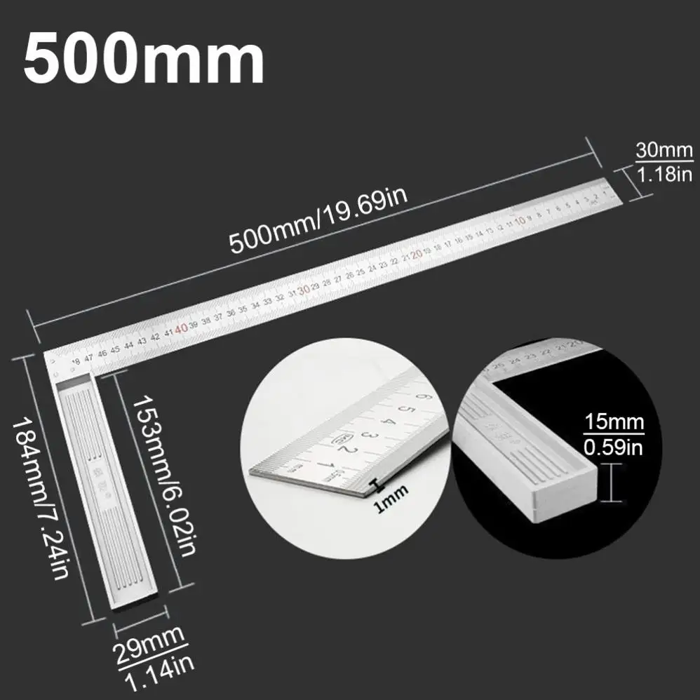 Righello ad angolo retto a 90 gradi in acciaio inossidabile da 1 pezzo 300mm / 500mm per la lavorazione del legno/ufficio