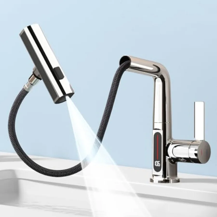 

Bathroom Sink Faucet 1 Hole with Temperature Display, Single Hole Rotatable Bathroom Faucet with Pull Out Sprayer, Modern Pull