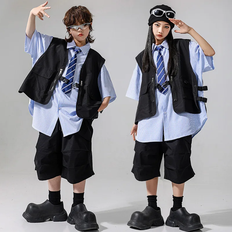 Boys Cool Hip Hop Clothing Sets Black Vest Top Casual Shorts Striped Shirt Girls Jazz Dance Costumes Group Street Dance Wear