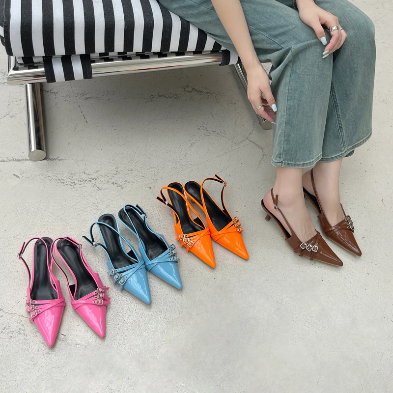 Orange Ladie Pumps Pink High Heels Sexy Pointed Toe Slingback Shoes Women Belt Buckle Low Heel Summer Office Shoes Blue