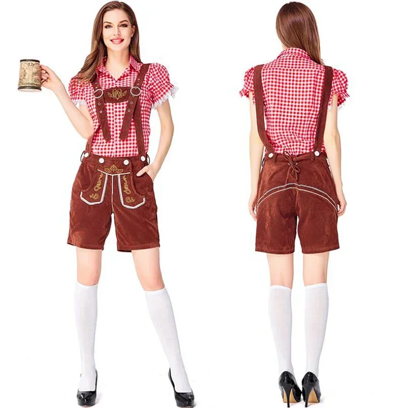 Germany Plaid Shirtoktoberfest Kostuum Vrouwen Baarse Lederhosen Oktoberfest Kostuum Bier Meid Ober Cosplay Outfit