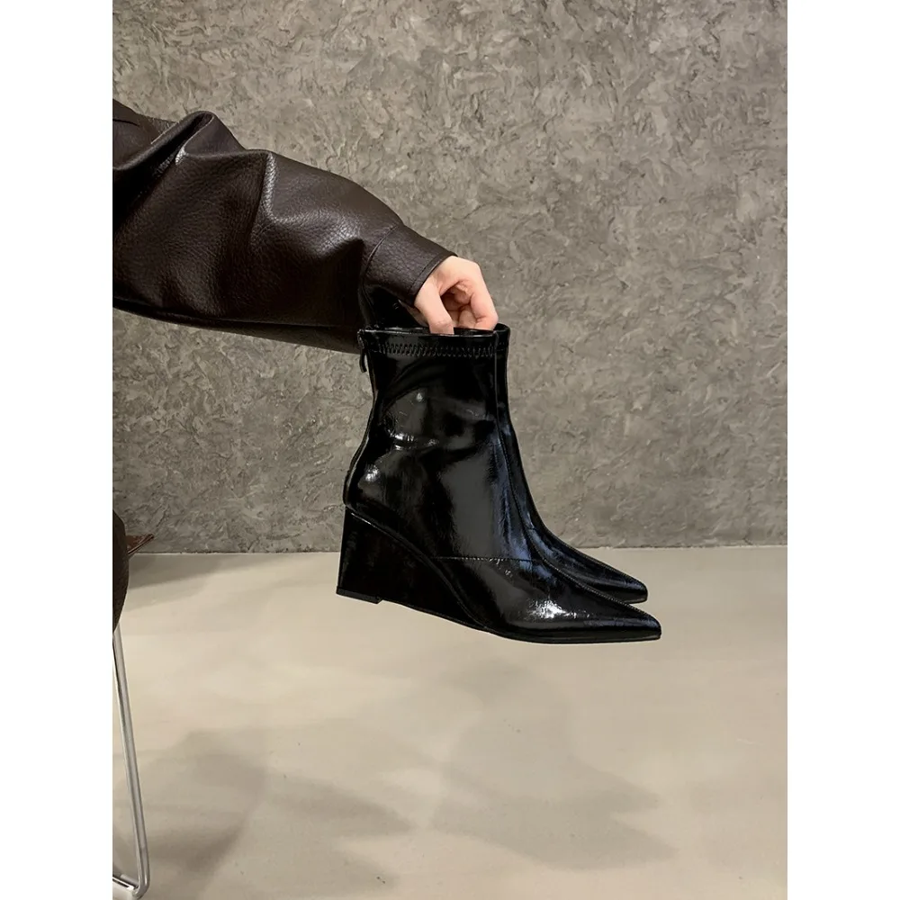 

Pointed Toe Short Boots Women's New Style Autumn Winter High Heel Short Boot Slope Heel Slim Boot Synthetic Leather Rubber