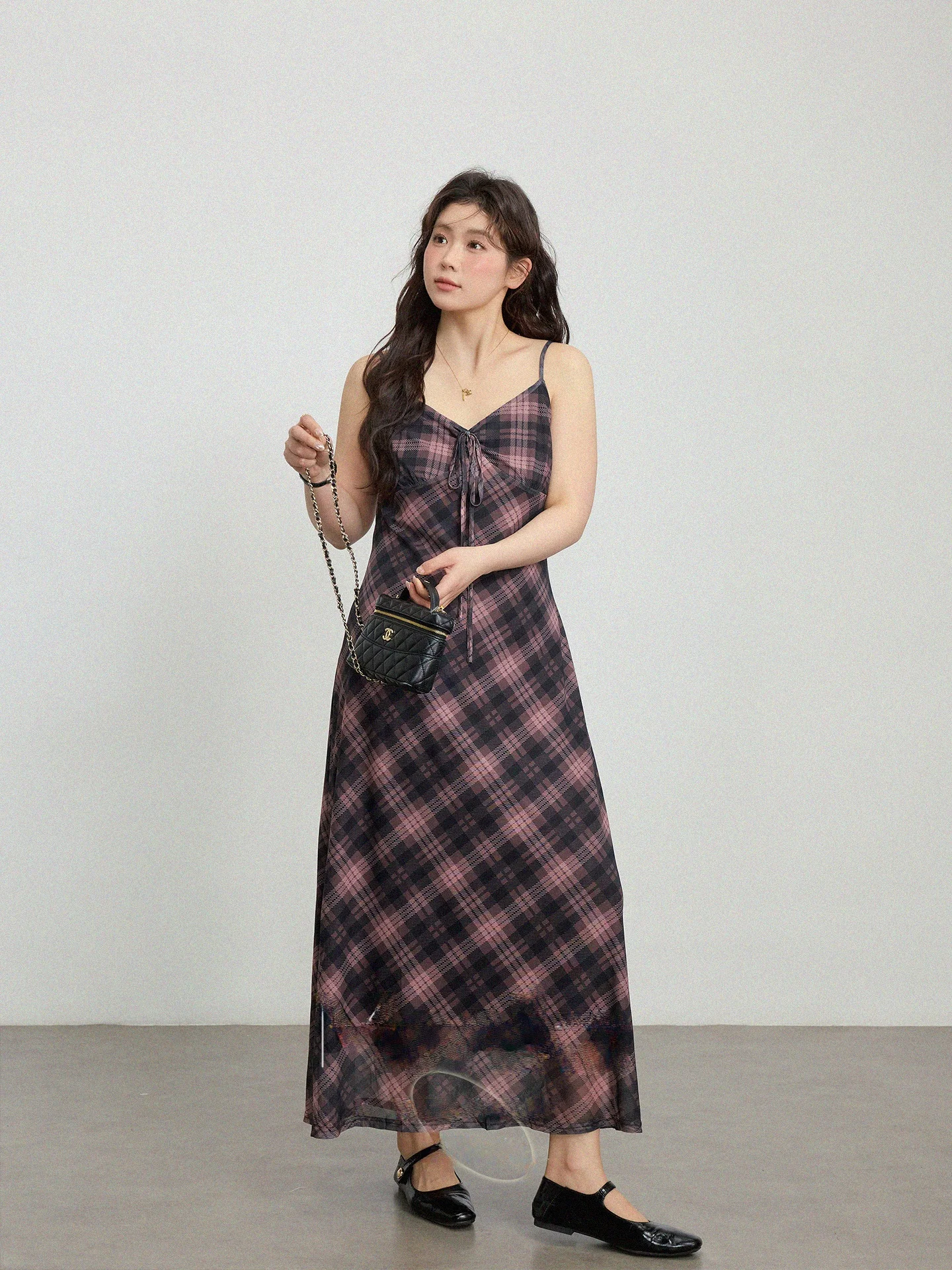 

plus Size Women's Plaid Wrap Dress Slimming Waist V-Neck Sleeveless Long Dress Casual Style High Waist Polyester Fiber
