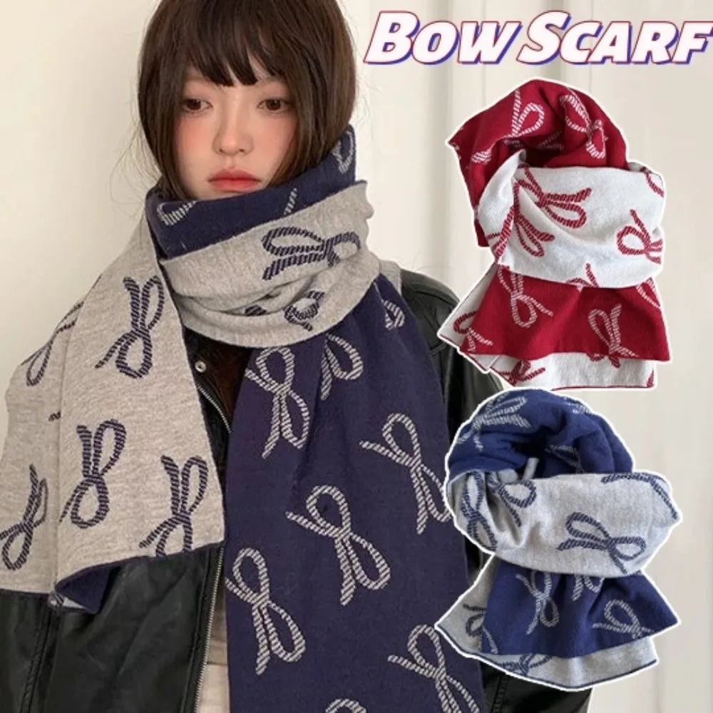

Fashion Lightweight Bow Scarf Korean Style Windproof Imitation Wool Scarf Two-sided Warm Winter Shawl Gift