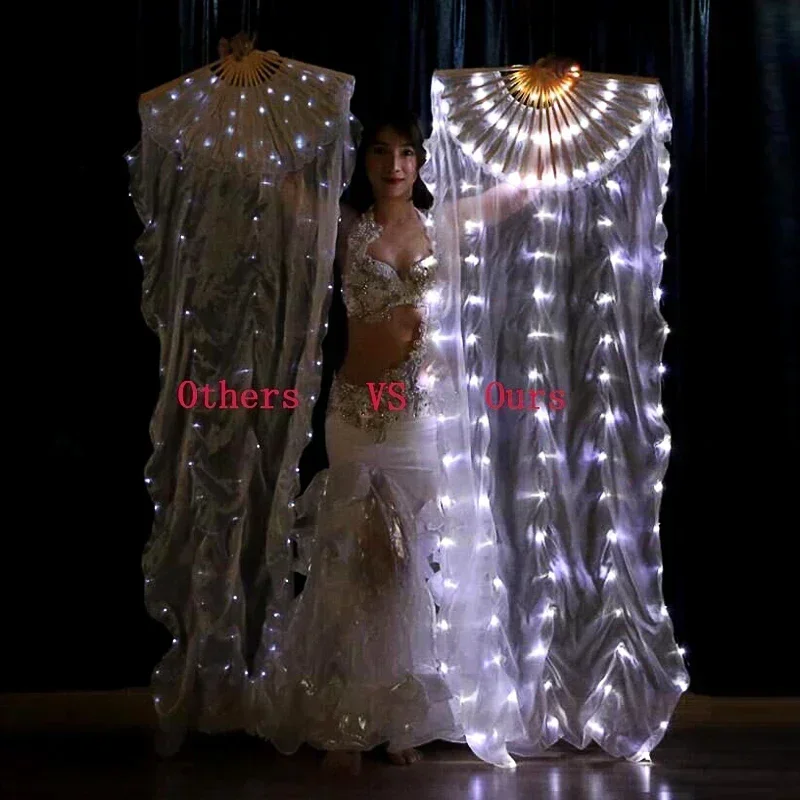 Carnevale Led Ventaglio di seta Velo Ventaglio di danza del ventre Veli Spettacolo di luci a LED in seta Ventaglio luminoso per spettacoli teatrali di danza del ventre bianco