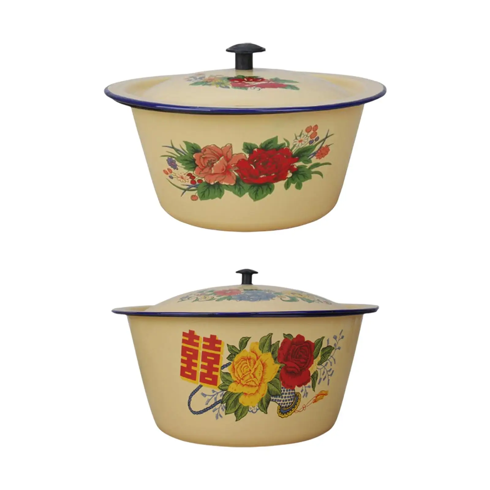 Enamel Mixing Bowl with Lid Old Fashioned Enameled Bowl Traditional Soup Basin for Pasta Kneading Dough Fruits Grains Vegetables