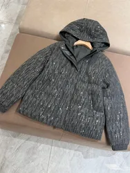 Luxurious Sequined Hooded Goose Down Jacket Women Zipper Cashmere Knitted Warm Down Coat 2024 Fall Winter