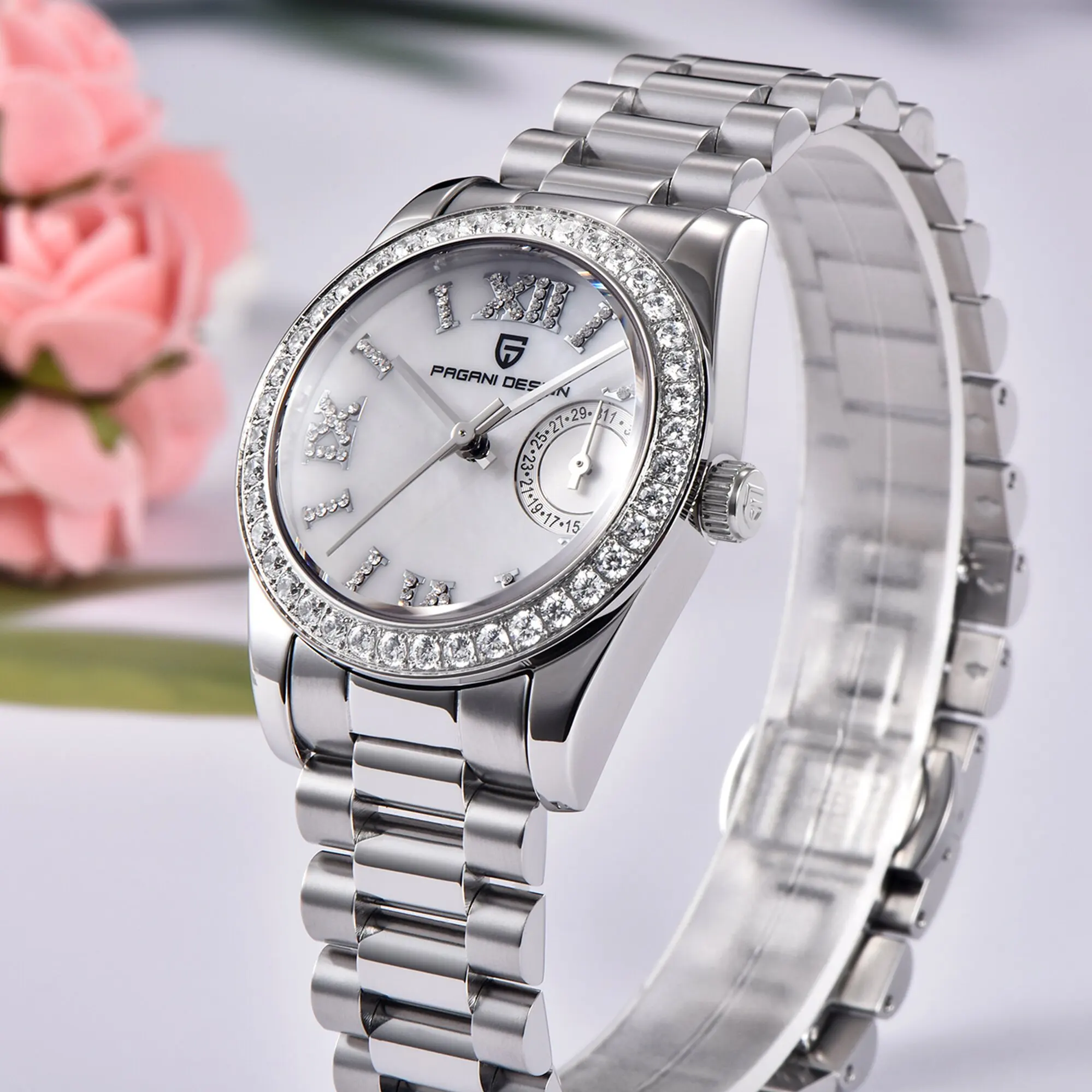 PAGANI DESIGN Minimalist Elegance Ladies Quartz Watch Stainless Steel Diamond Bezel Sapphire Crystal 100m Diving Calendar Reloj view 5