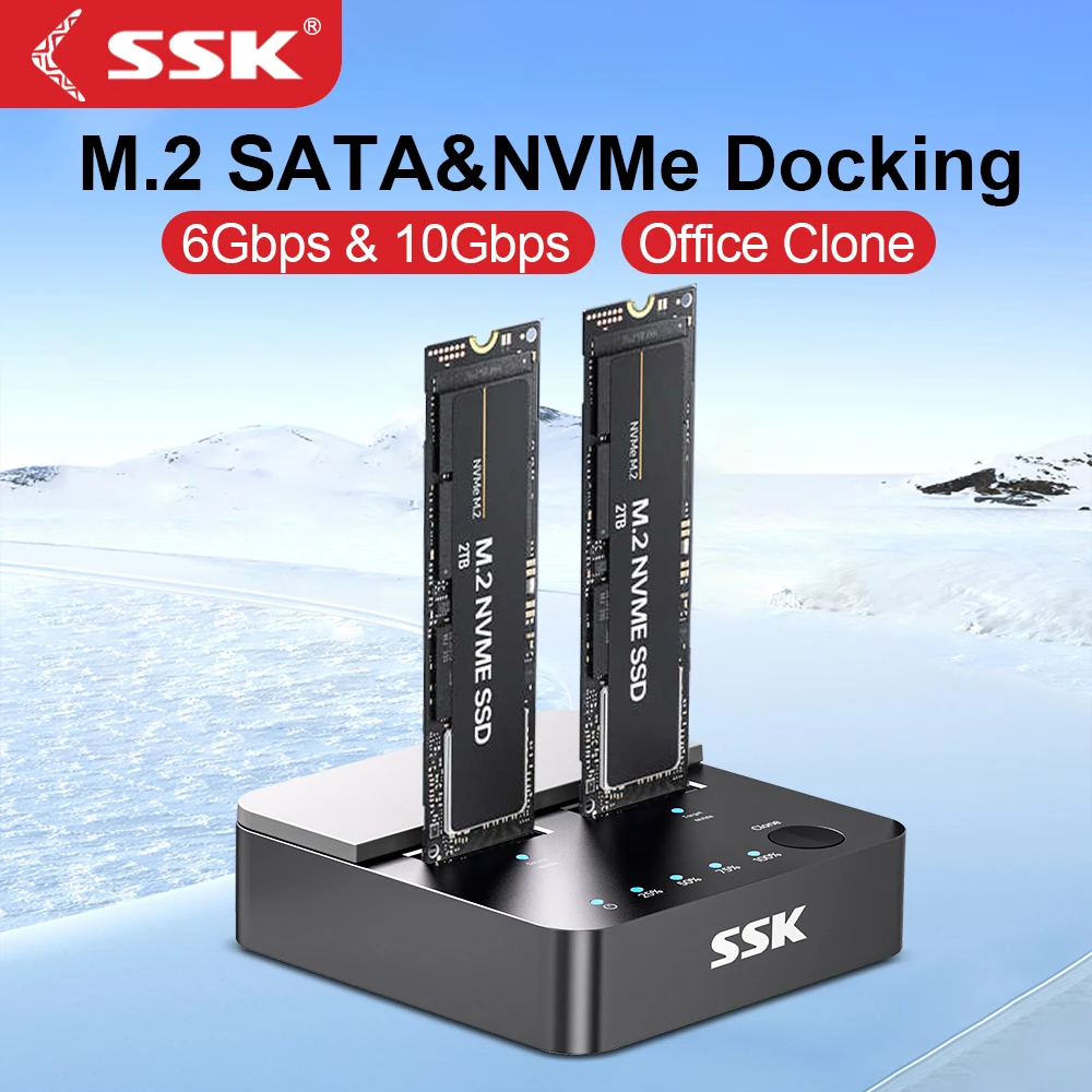 

Корпус-клонер SSK NVMe SSD с двумя отсеками для M.2 NVMe/SATA SSD, док-станция Type-C, поддержка клонирования без подключения к сети для M.2 SSD.