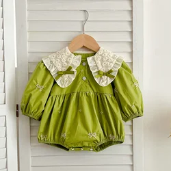 Infant Baby Girls Romper Embroidered Bow Autumn Newborn Long Sleeve Cotton Rompers Lace Kids Baby Jumpsuit Playsuit Baby Clothes