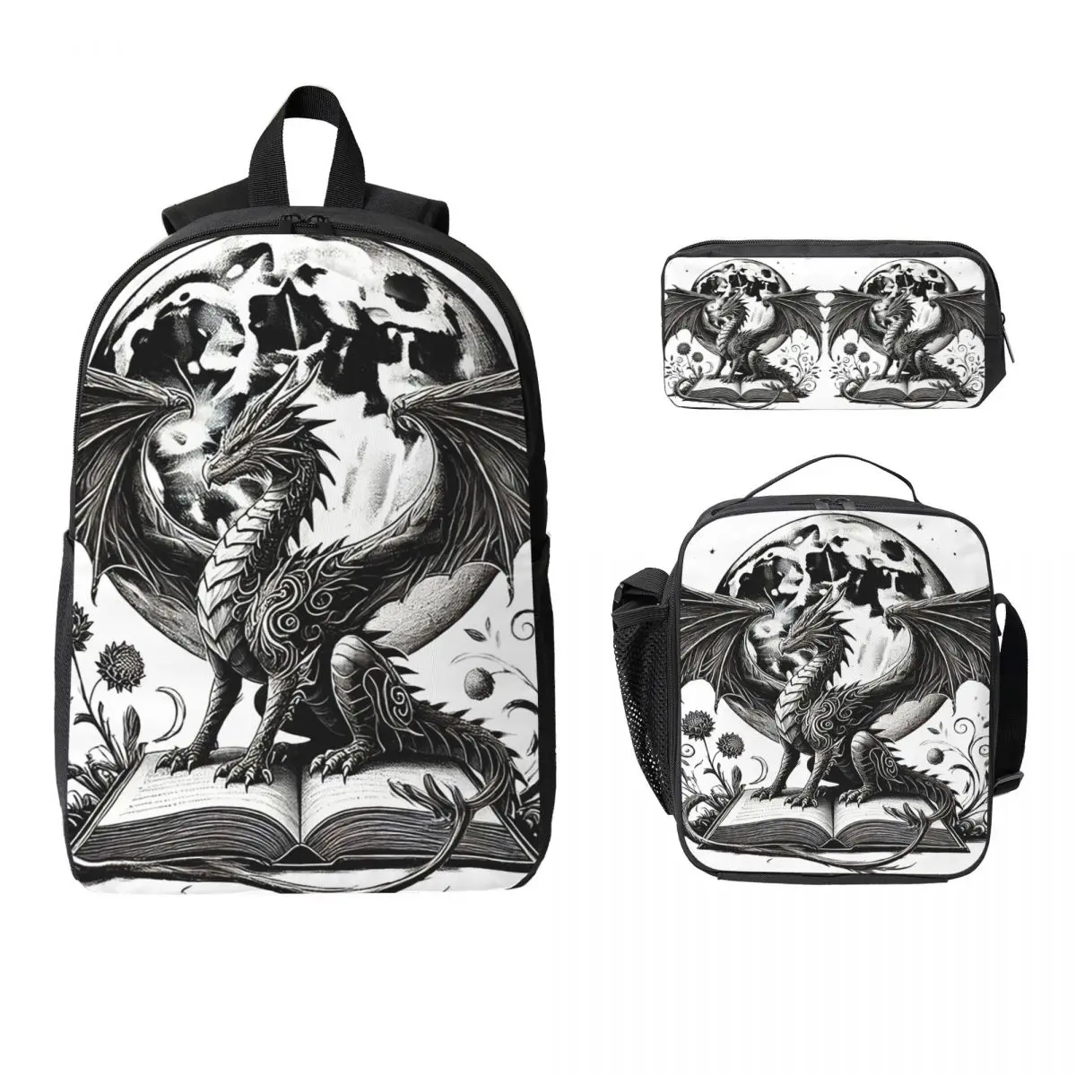 Fantasy Dragon Reads Book And Floral Backpack Kids BookBag School Bag Computer Shoulder Bags 3ps Insulated Lunch Bag Pencil Case
