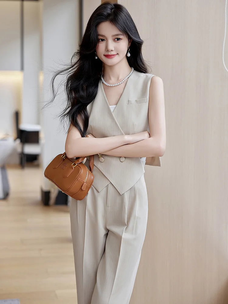 Summer Women Solid Slim Korean Elegant Business Wear Irregular V Neck Blazer And Wide Leg Long Pant Two-piece Set Fashion Retro