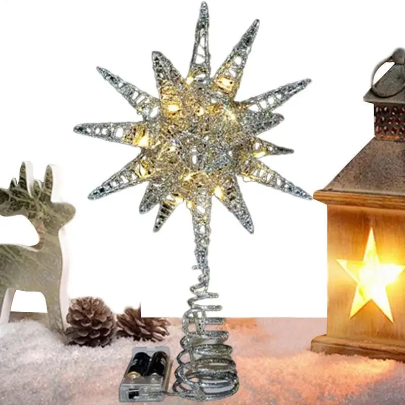 Christmas Star Tree Topper with Warm White Lights Pre-lit Glittered Star Treetop Lighted Xmas Treetop for Home Decorations