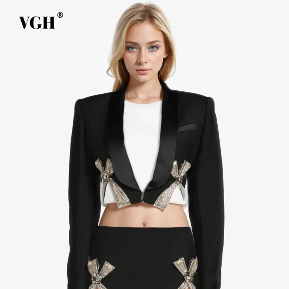 

VGH Solid Patchwork Diamonds Short Blazers For Women V Neck Long Sleeve Temperament Slimming Blazer Female Clothing Fashion New