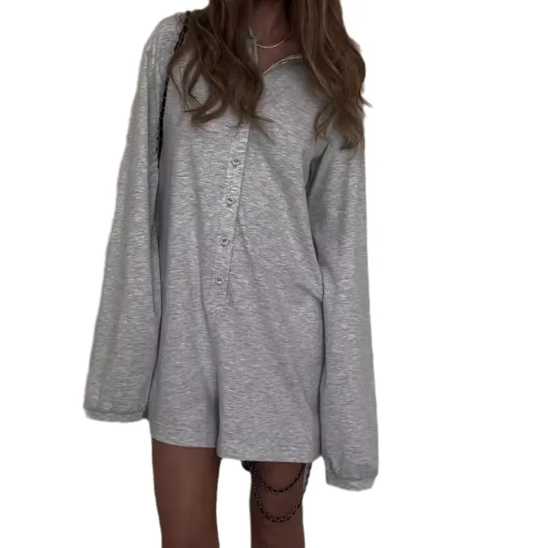 Женский однобортный комбинезон с воротником-поло и длинными рукавами, свободный повседневный удобный однотонный комбинезон, шорты