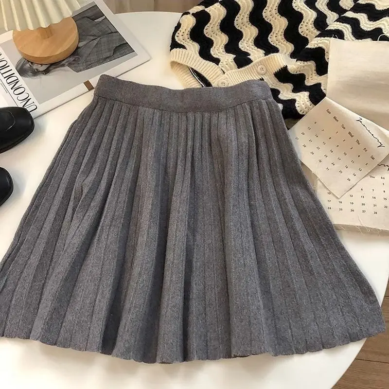 High Waist Mini Skirt Women Knitting Pleated A-line Thicken Loose Korean-style Hotsweet Girls Gentle Elegant Chic Leisure Solid