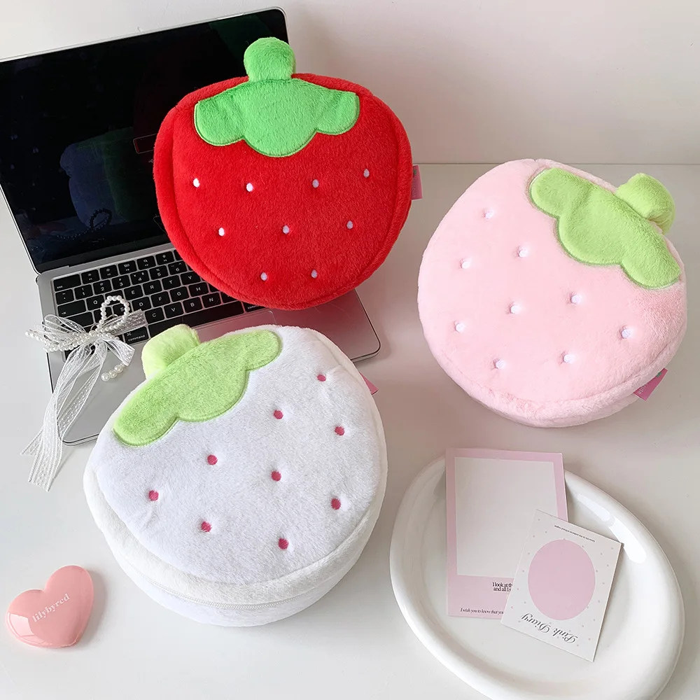 Cute Cartoon Plush Strawberry Makeup Bag Fashion Girls Large Capacity Portable Travel Handbag Wash Bag Women's Birthday Gifts