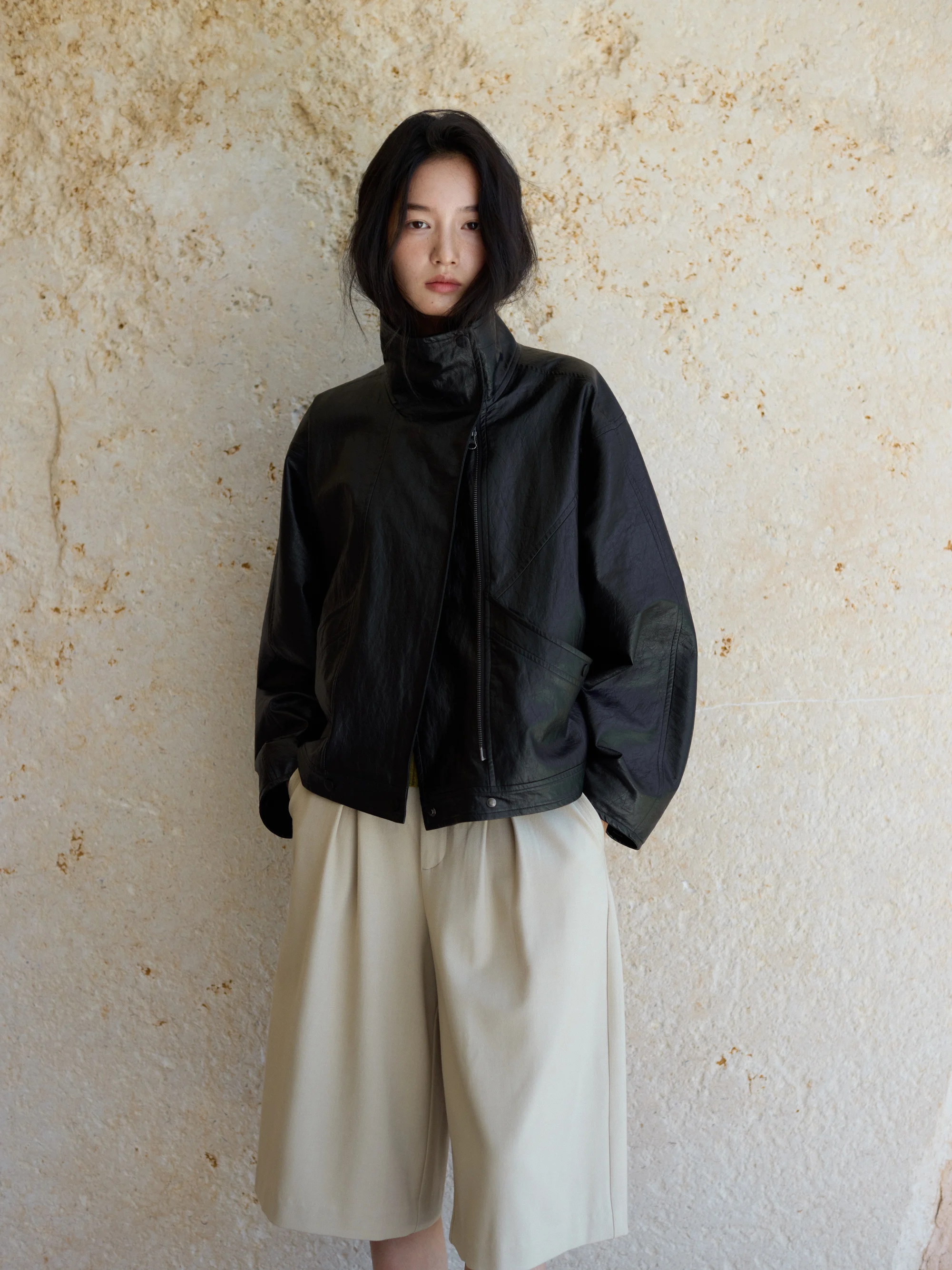 Early Autumn New Arrival Bla ort Stand Collar Leather Jaet Versatile Cool Sle Wood ain Design Commute Friendly Zipper