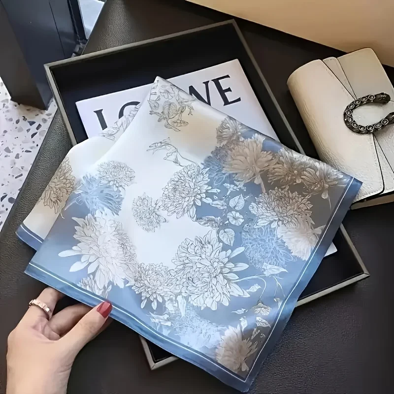 27.56 بوصة فاخر الأزرق كاميليا طباعة وشاح البوهيمي نمط المرأة الصيف الحجاب خفيفة الوزن عقال باندانا #3