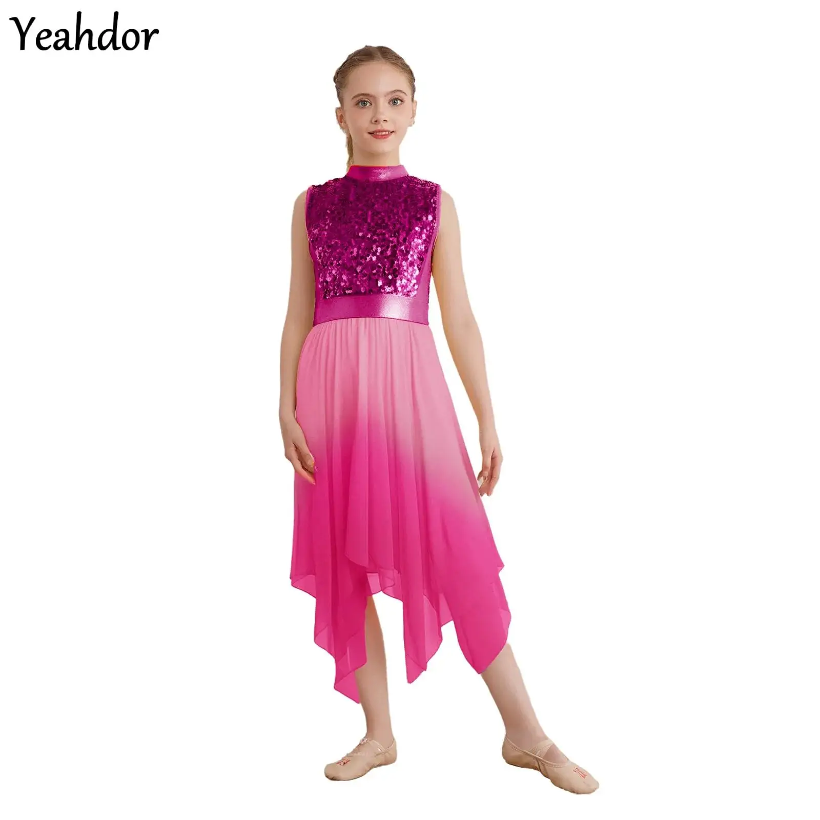 

Kids Girls Liturgical Praise Dance Outfit Sleeveless Sequin Ballet Lyrical Tunic Church Choir Worship Dress +Wide-Leg Pants Sets