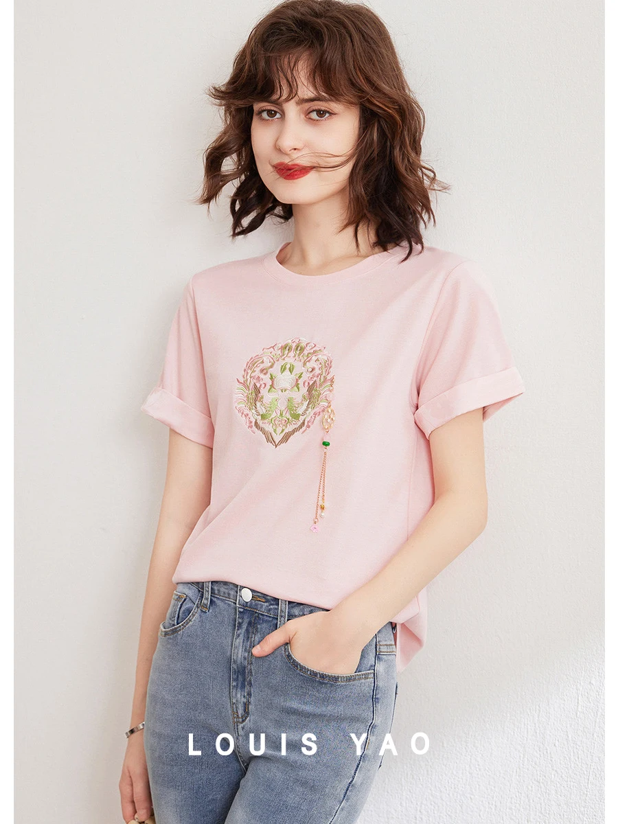 

LOUIS YAO Chinese Style T-shirt 2024 Summer Fashion Embroidery Tee Detachable Pendant O Neck Short Sleeve Pullover Top