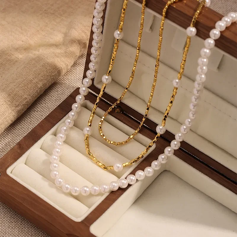 Shijia pearl multi-layer necklace female senior design sense Internet celebrities with the same stacked collarbone 18k gold