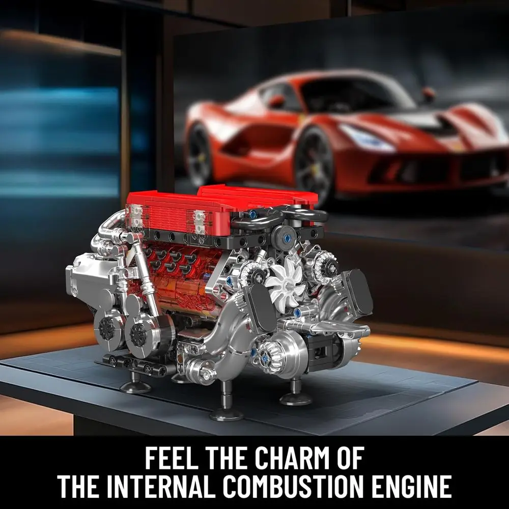 ชุดประกอบเครื่องยนต์ W16, 10163 เครื่องยนต์เผาไหม้ขนาดเล็ก, ของเล่น STEM สำหรับผู้ใหญ่ ประกอบด้วย 952 ชิ้น พร้อมแบตเตอรี่และมอเตอร์