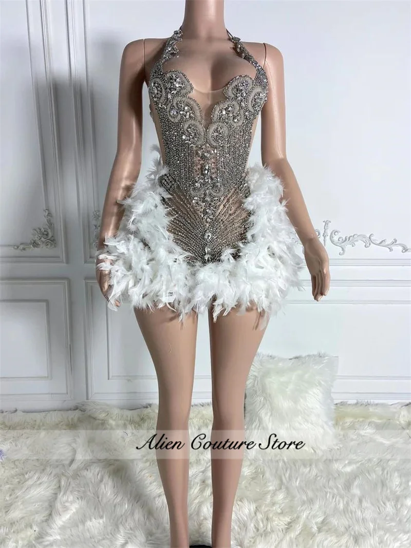Glitter Black Crystal Short Prom Dress For Black Girl Homecoming Senior Cocktail Dress Birthday Party Gown Feathers Customized image 6