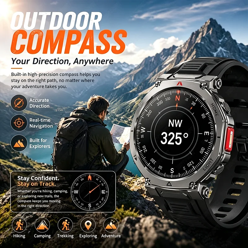 2026 new outdoor extreme sports smartwatch, compass, 1.56 high-definition large round screen, 1000mAh large battery,holiday gift