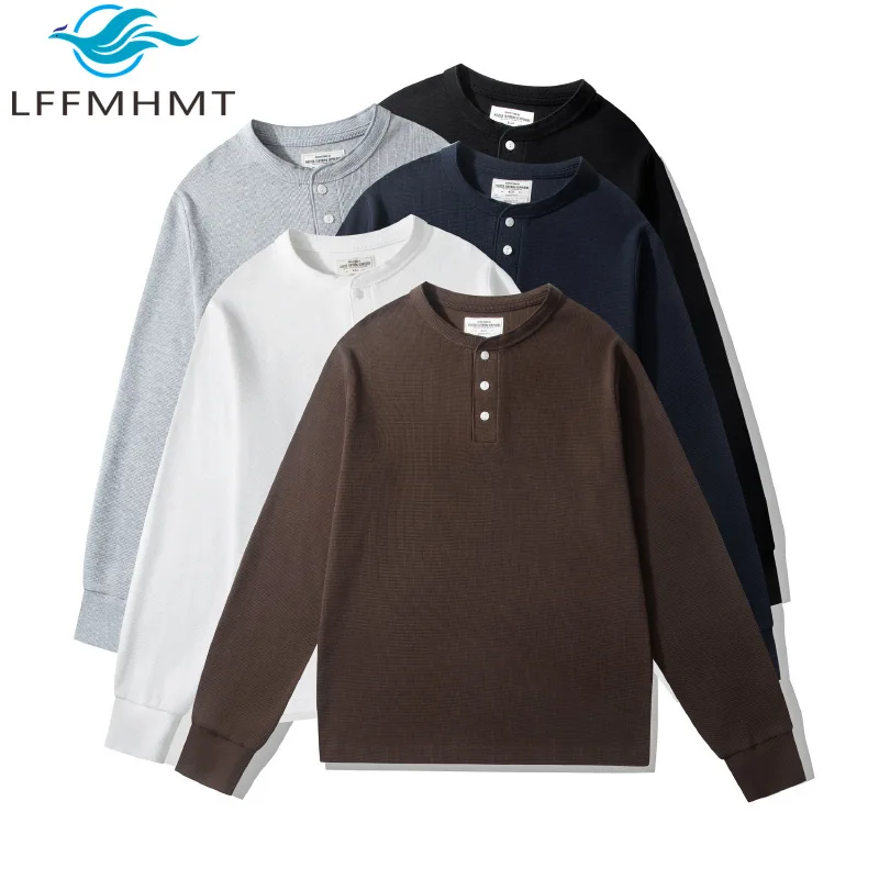 350G/M² Heavyweight Men's Waffle Henrry Shirt Spring Fall Fashion Solid Color Long Sleeve Simple Basic T-shirt Casual Loose Tops