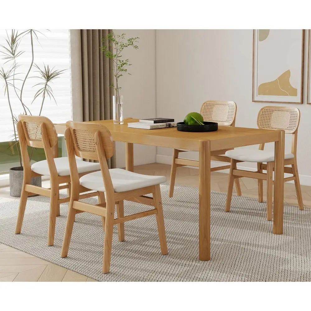 

Set of 4 White PU Leather Dining Chairs with Cane Back, Century Modern Style, Wooden Upholstered for Kitchen or Restaurant